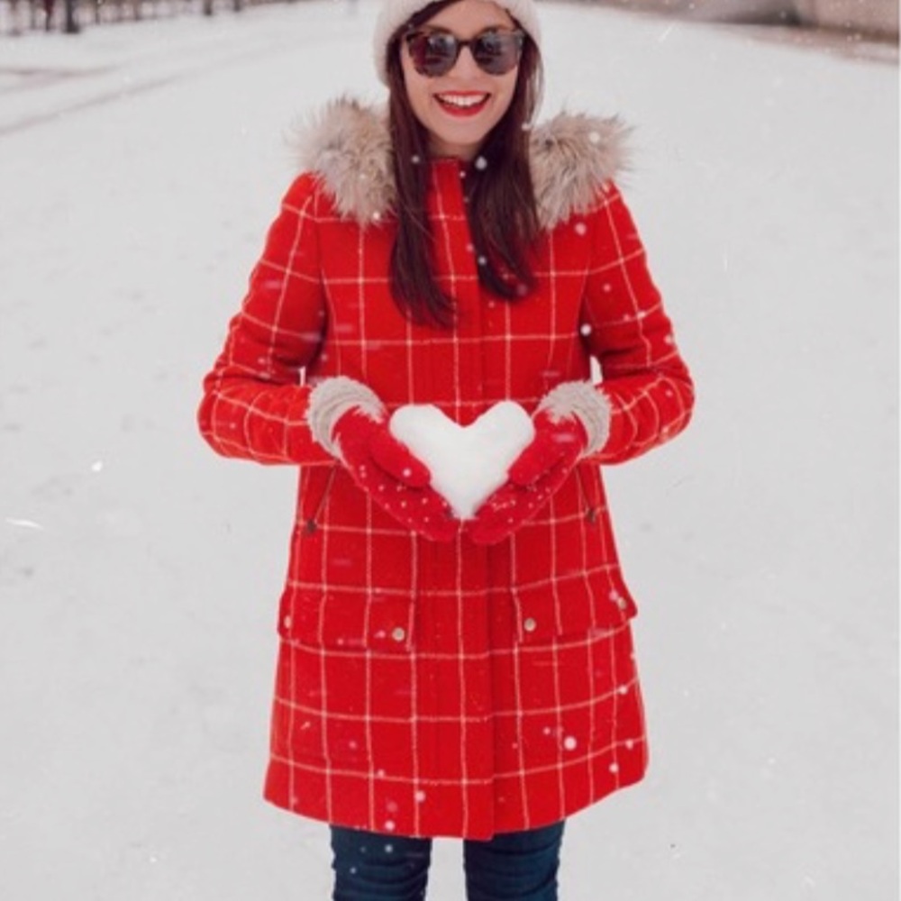 J. Crew Red Plaid Hooded Coat 00